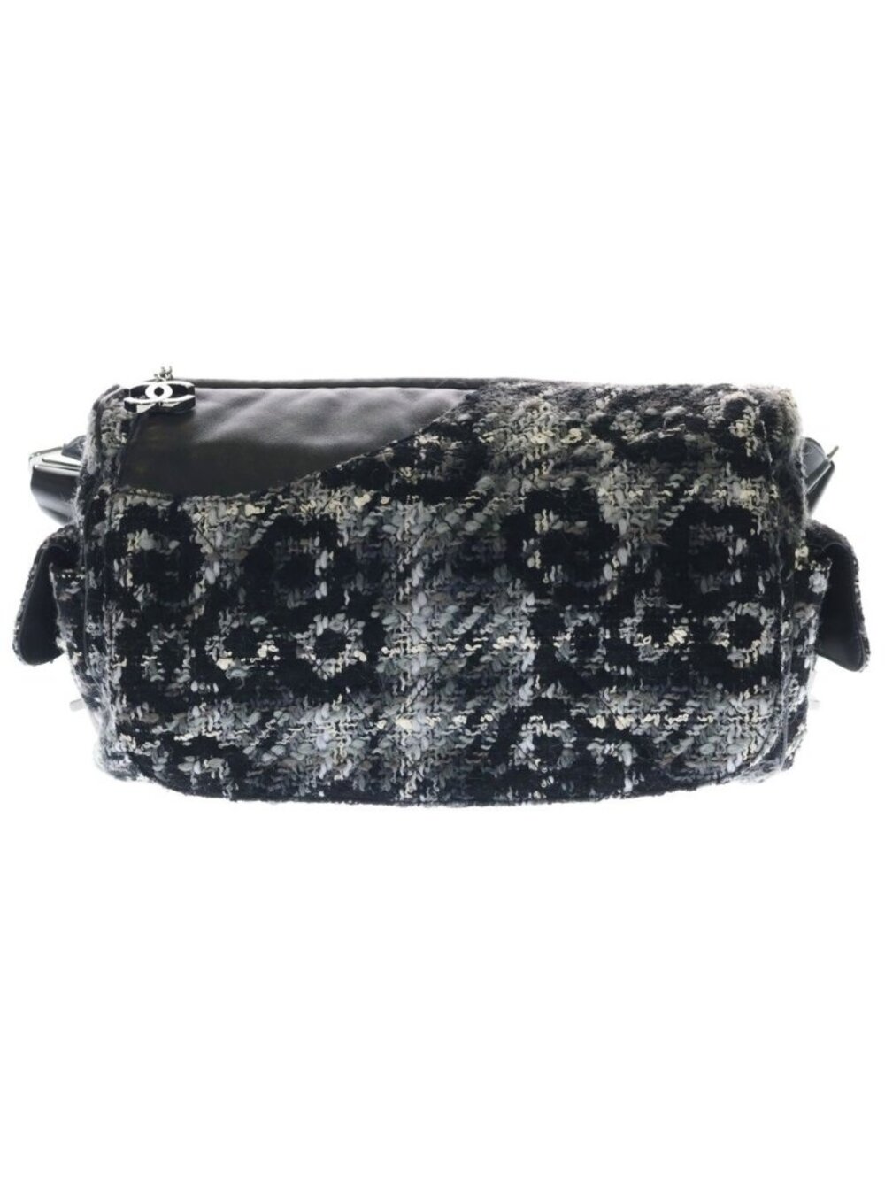 Chanel 2.55 Camellia Tweed Leather Messenger Chain Shoulder Bag Black Gray